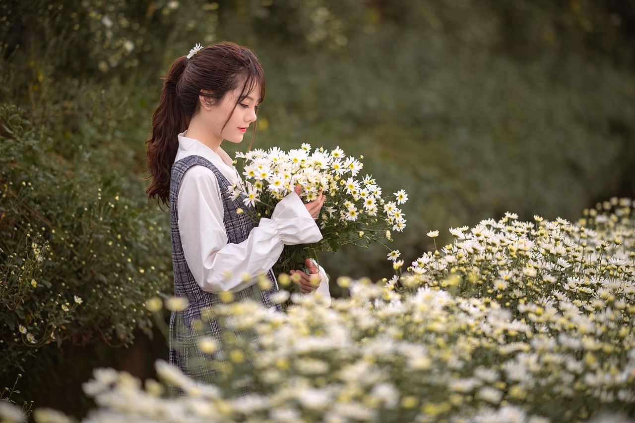 woman, model, young, flower field, flowers, beautiful, vietnamese girl