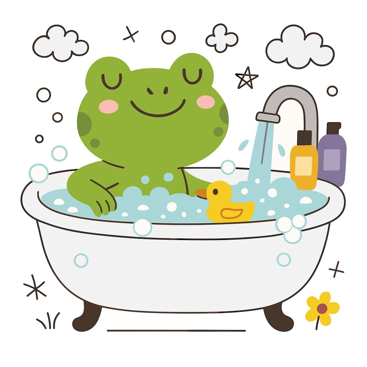 ai generated, frog, bath, bubbles, water, cartoon style, rubber duck, pretty, bathing, flat style, white background, tap, running water, shampoo bottles, relaxation, vacation, animals, cosiness, bathroom, rosy cheeks, yellow duck, soap bubbles, stars, clouds