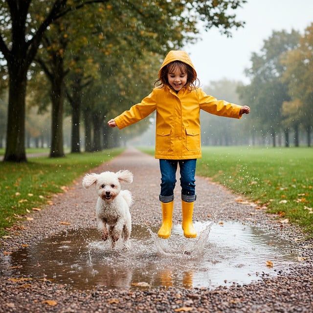 autumn, little girl, dog, play, park, puddle, sheets, trees, yellow, raincoat, generated by ai