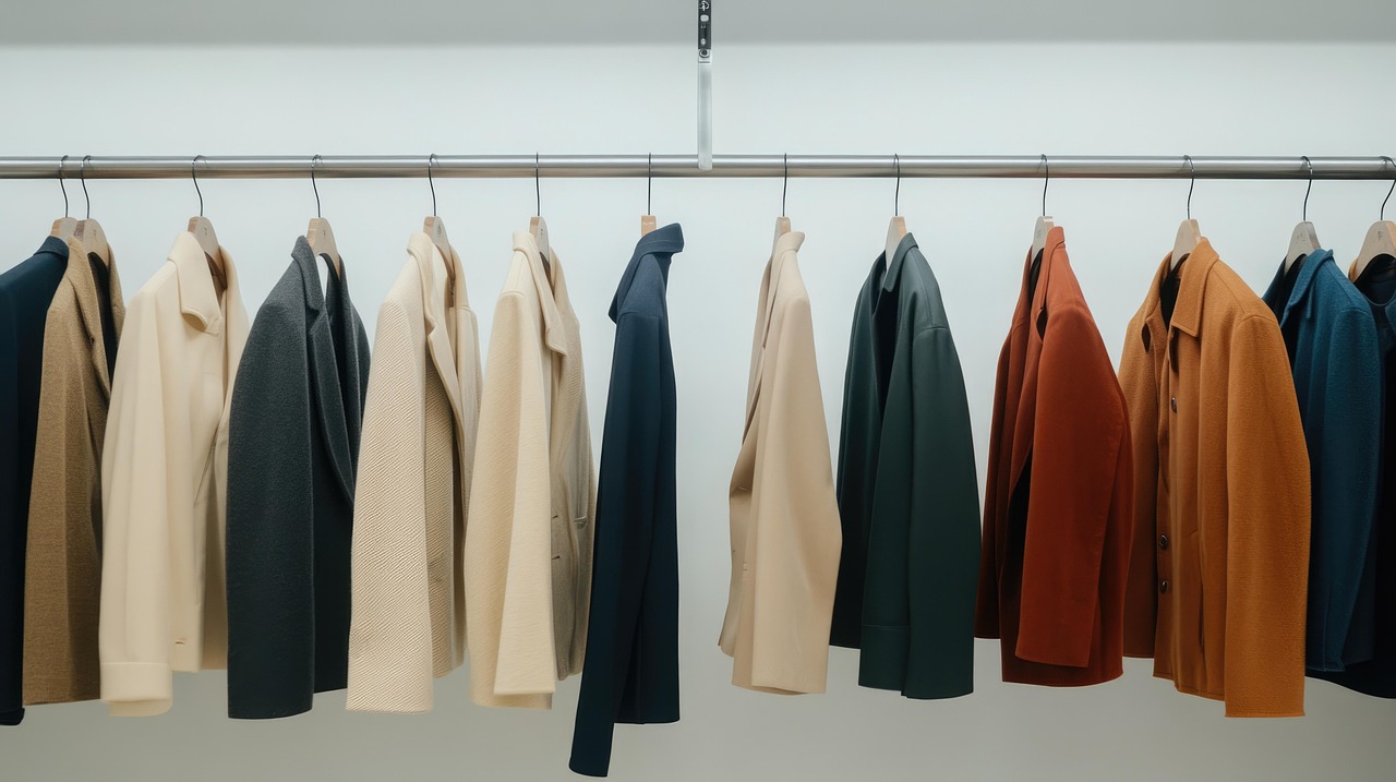 ai generated, coats, clothing, jacket collection, clothing rack, hanging, rack, coat hanging, jackets, wardrobe setup, stylish apparel, fashion, wardrobe, display, apparel, outerwear, closet, style, fashion display