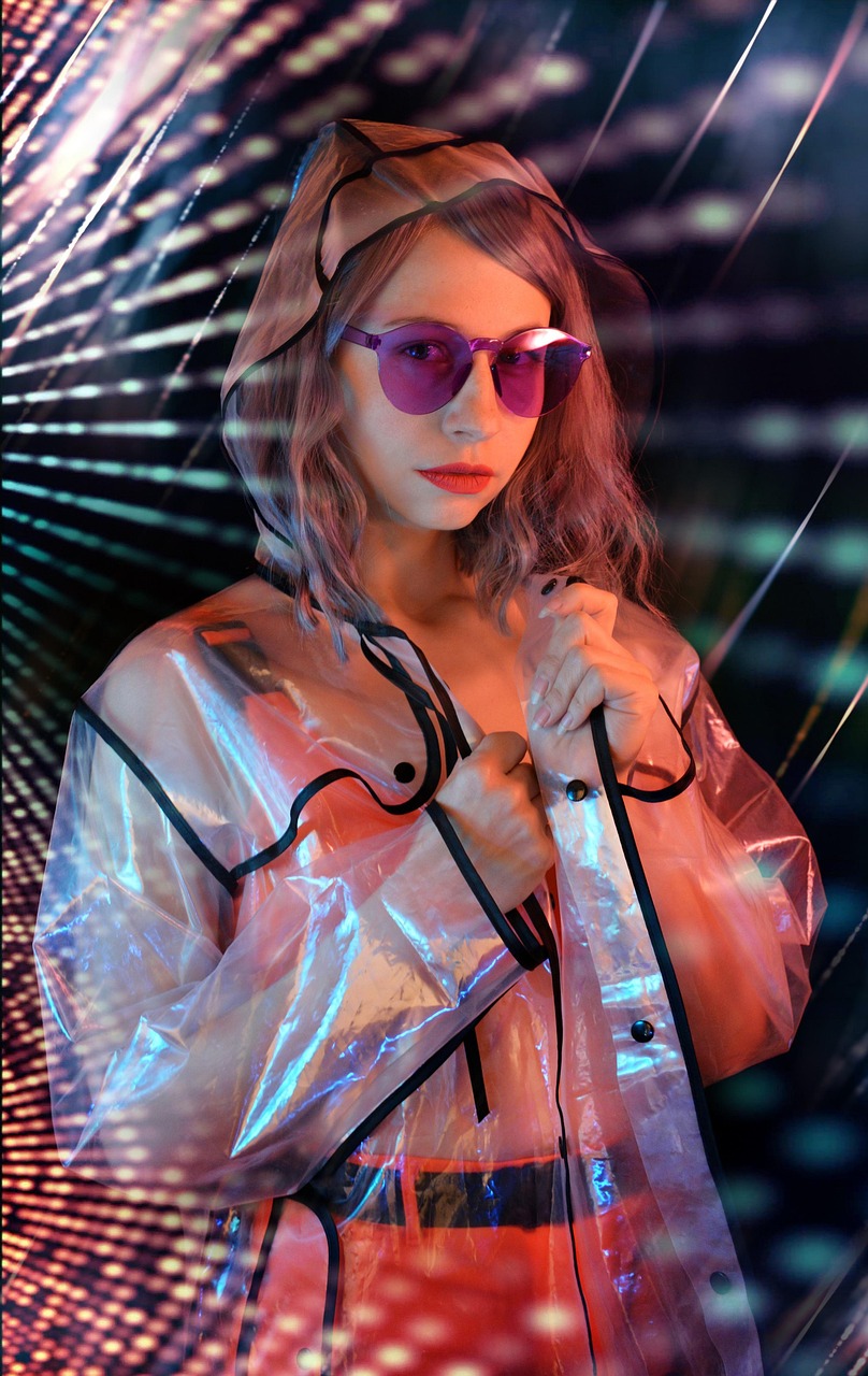 woman, glasses, neon, futuristic, future, lights, rays, futurism, cyber punk, fiction, portrait