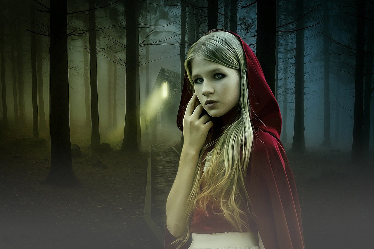 gothic, fantasy, dark, girl, dark fairy tale, red hood, red riding hood, scary, mistery, photomanipulation, photoshop, edition