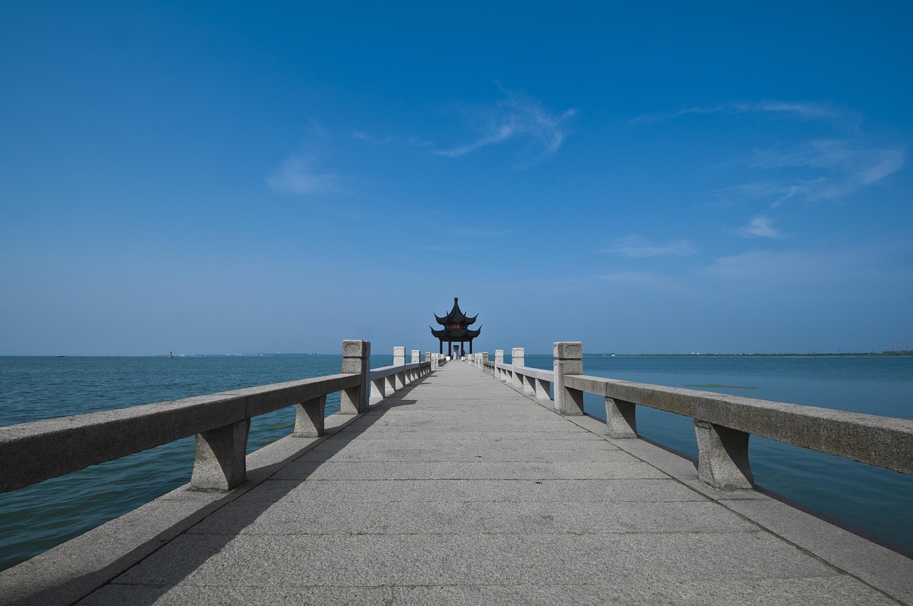 suzhou, start garden, pier, stone embankment, chinese ancient architecture, cornice brackets, sky, taihu