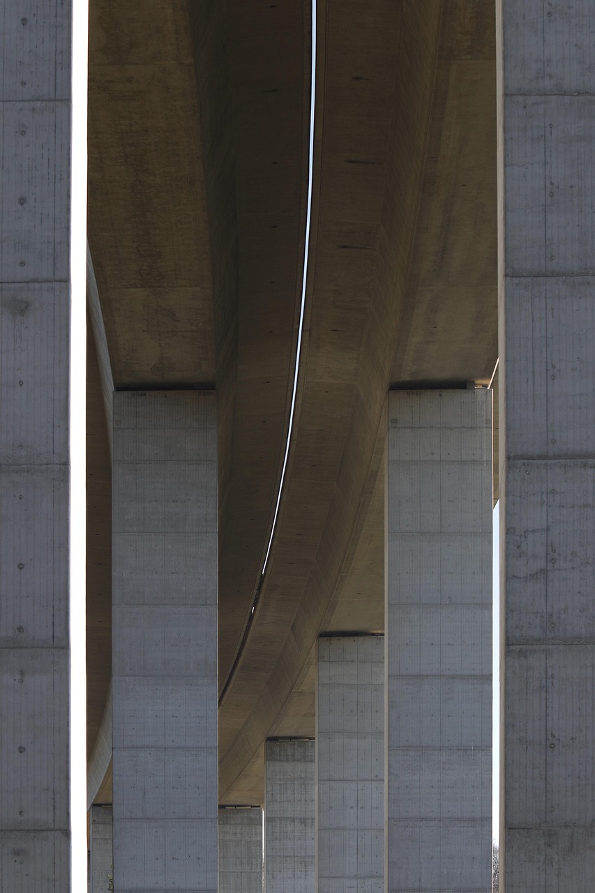 highway bridge, architecture, bridge, building, road, highway, traffic, structure, concrete, pier, modern, gray, bottom view, traffic route, light, the shade