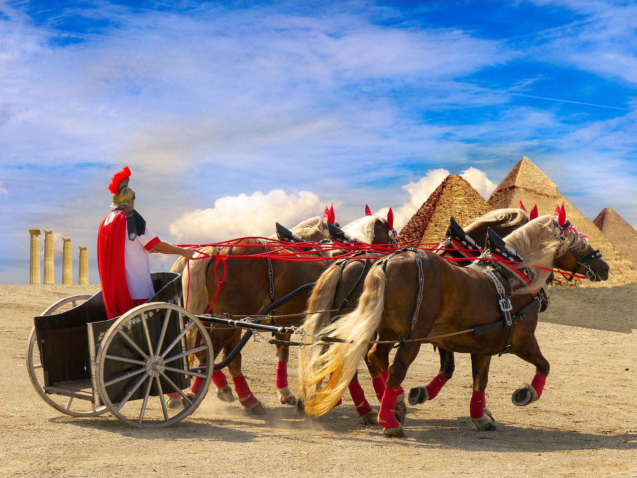 landscape, egypt, story, rome, conquest, chariot, pyramids, horses, ride, composing, desert, columns, ancient, soldier, warrior, legionnaire, building, helmet