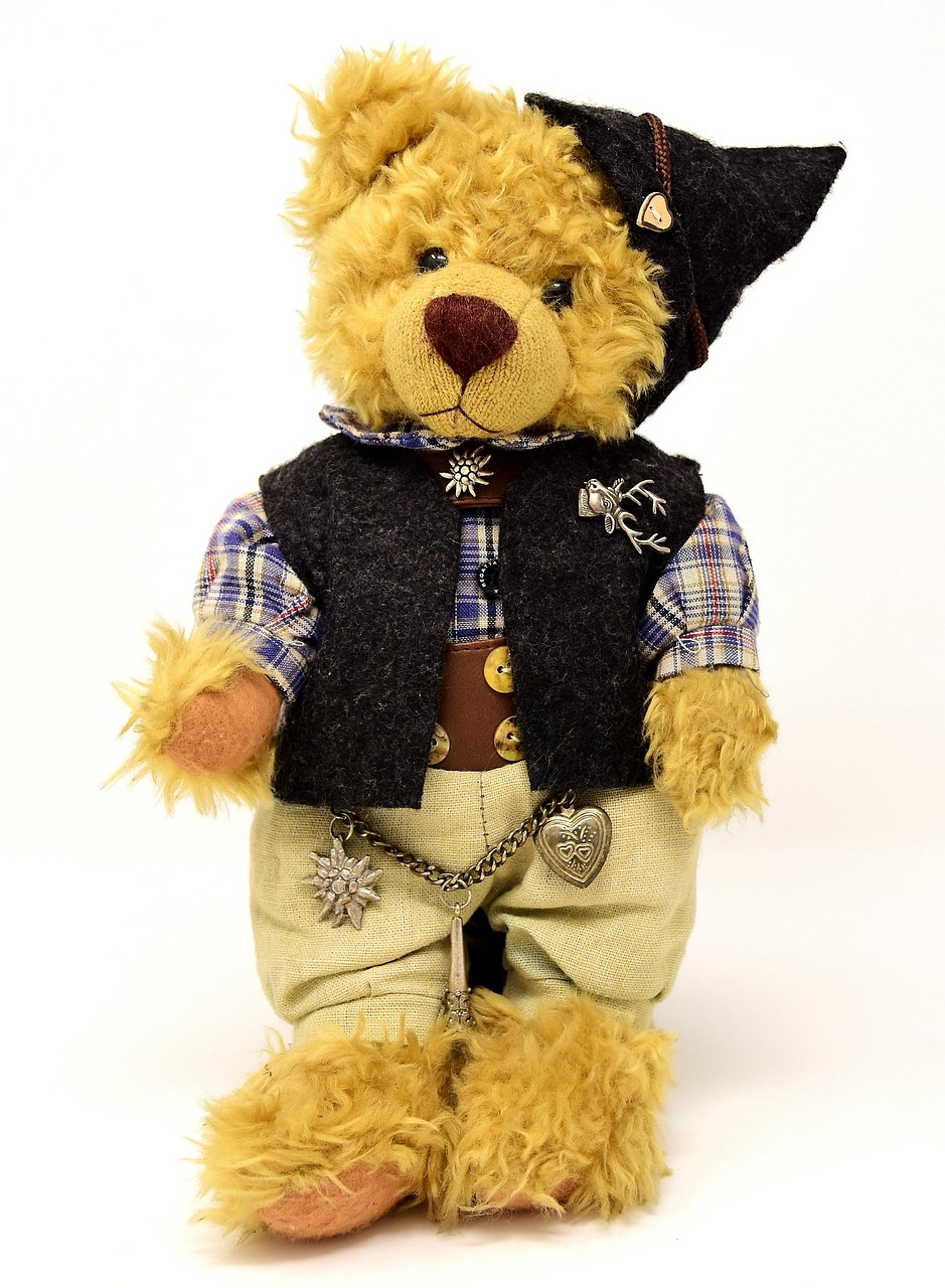teddy, costume, clothing, fun, cute, bavarian, bavaria, cap, traditional hat, funny, traditional, tradition, stuffed animal, children's toys