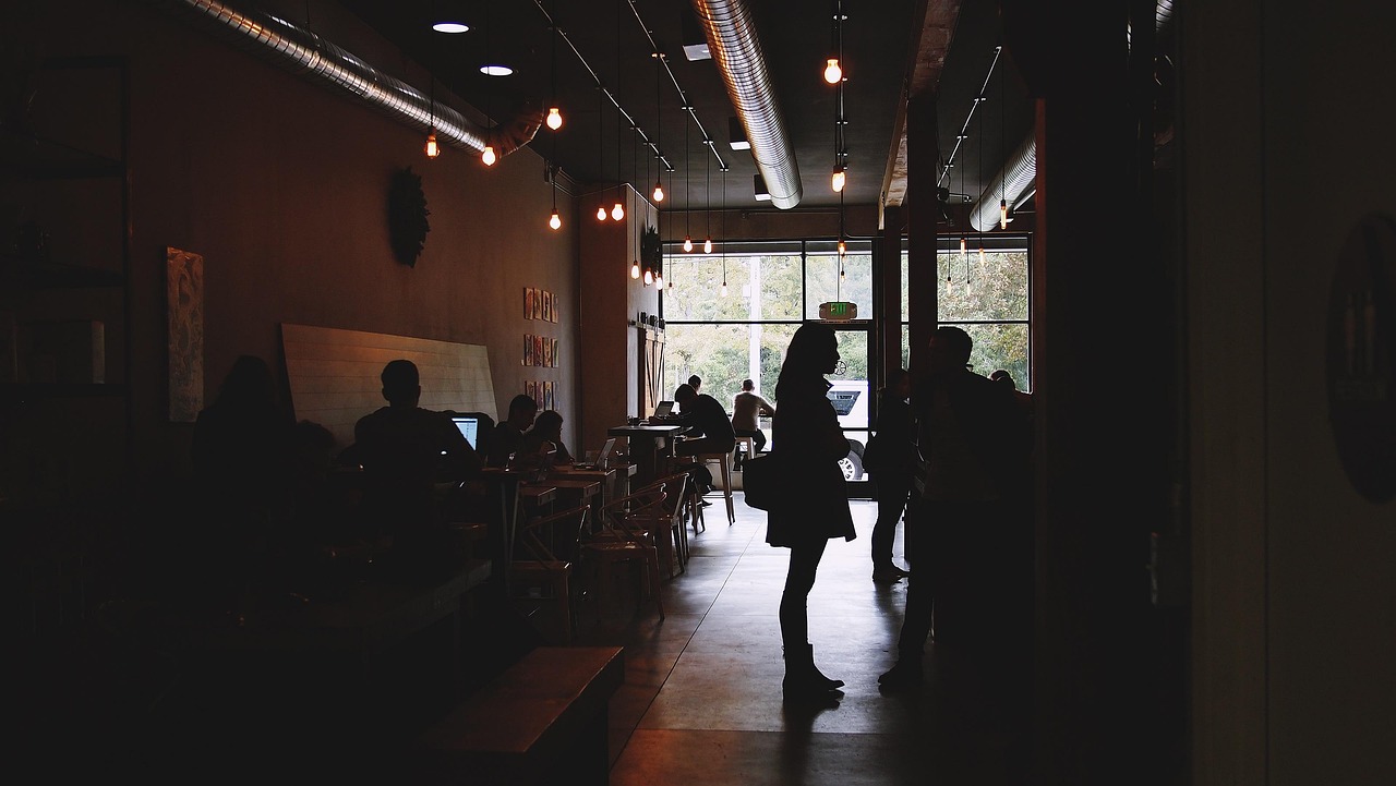 cafe, people, working, tables, chairs, laptops