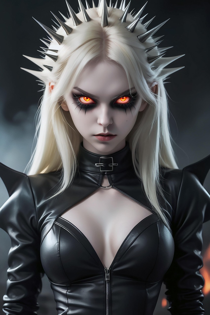 ai generated, woman, quills, face, costume, dark, look, demon, gothic, terror, creature, fantasy, portrait