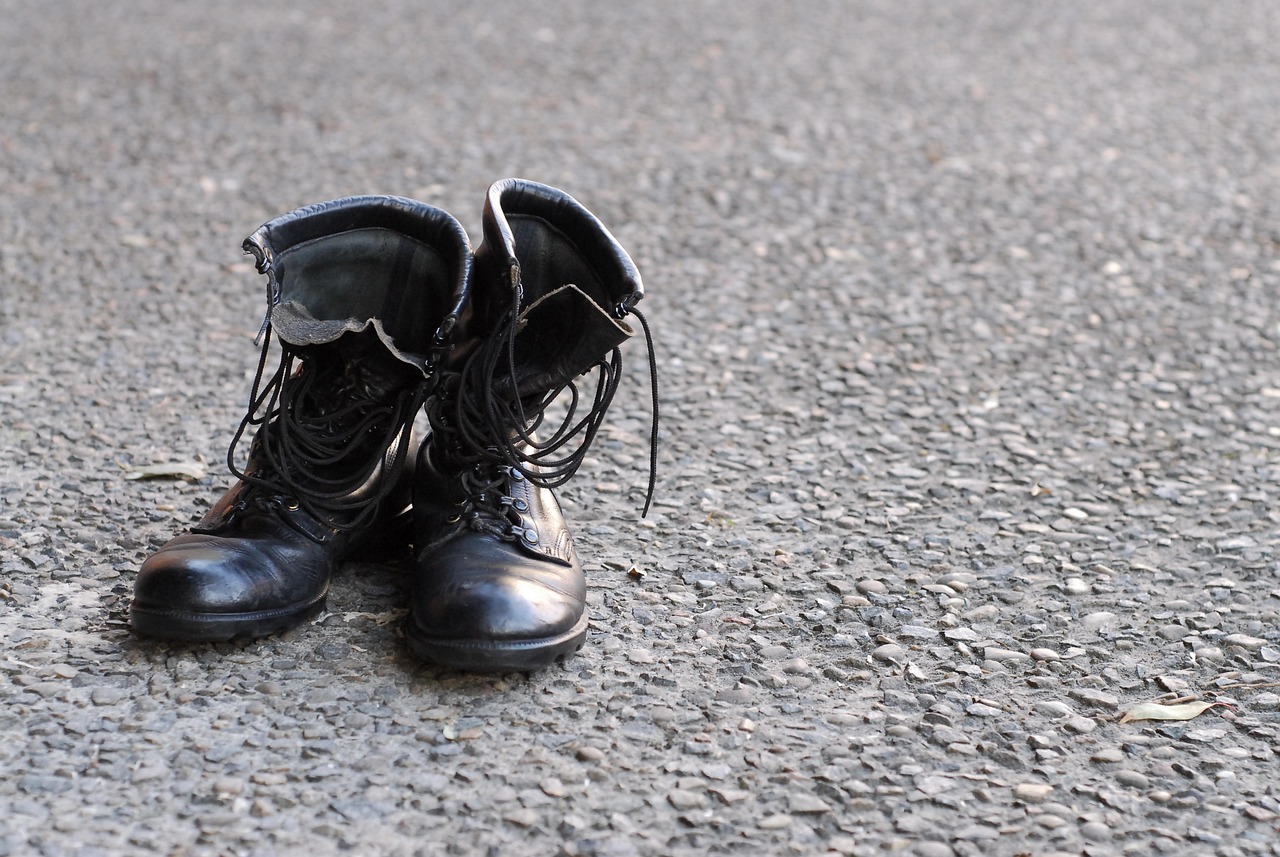 army, boots, worn, leather, black, shoes, footwear, pair, pair of boots, military, fashion, gray fashion, gray shoes, gray army